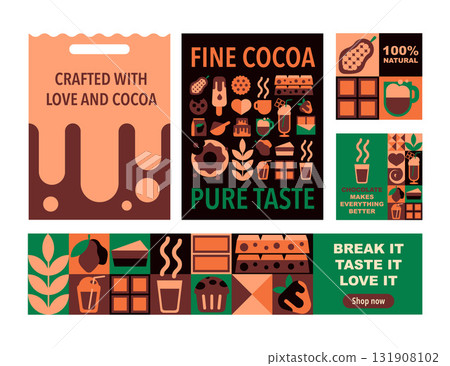 Set of modern geometric banners and packaging templates for chocolate advertising and handmade sweets in a vector illustration Set of modern geometric banners and packaging templates for chocolate advertising and handmade sweets in a vector illustration 131908102
