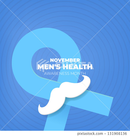 November Mens Health awareness month square banner with blue ribbon and moustache icon. Blue November is prostate cancer awareness month with moustache and ribbon. Movember mens health month poster 131908136