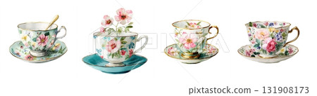 Watercolor illustration of a vintage floral porcelain teacup 131908173