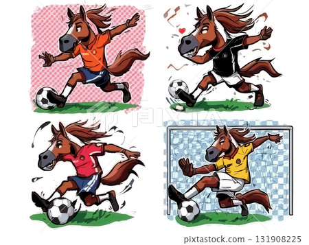 Illustration set of horses playing with soccer balls 131908225