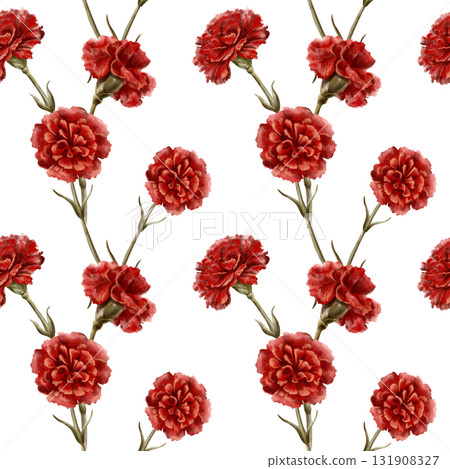 Red carnation flower in seamless pattern as a symbol of the Portuguese revolution on April 25, 1974,symbol of freedom from totalitarian regime in the state Isolated Watercolor clipart in vintage style 131908327