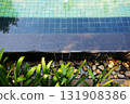 Top view of tropical Plant and white river gravel decorated near swimming pool 131908386