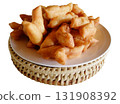 Chinese deep fried dough stick in white dish on woven tray isolated on white background with clipping path 131908392