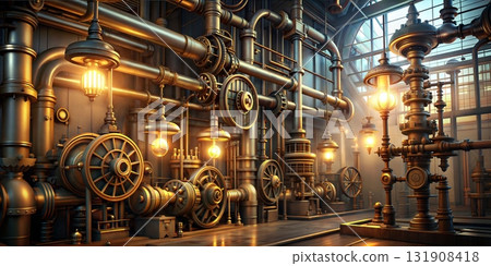 Elaborate Steampunk Factory Interior with Illuminated Pipes and Mechanical Components 131908418