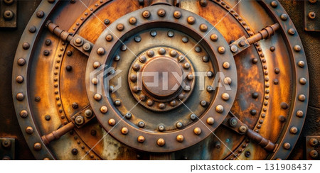 Heavy metallic vault door with circular design and riveted details for secure storage 131908437