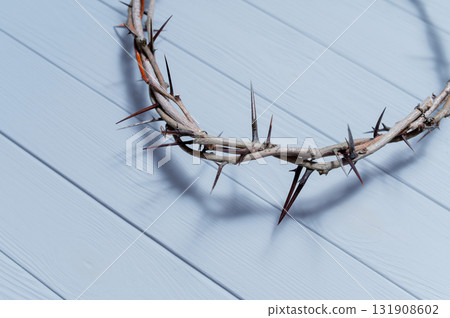 Crown of thorns casting a distinct shadow a white background, creating a symbolic easter image of suffering, sacrifice, and remembrance Copy friday space good text Crown of thorns casting a distinct shadow a white background, creating a symbolic easter image of suffering, sacrifice, and remembrance Copy friday space good text 131908602