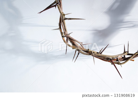 Crown of thorns casting a distinct shadow a white background, creating a symbolic easter image of suffering, sacrifice, and remembrance Copy text friday for space good 131908619