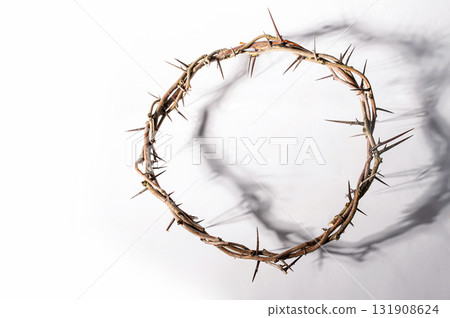Jesus Crown of thorns casting a distinct shadow for Christian background, Easter concept creating a symbolic image of suffering, sacrifice, and text remembrance Copy space 131908624