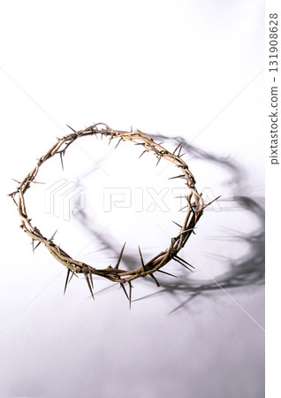 Jesus Crown of thorns casting a distinct shadow for Christian background, Easter concept creating a symbolic image of suffering, sacrifice, for space remembrance Copy text Jesus Crown of thorns casting a distinct shadow for Christian background, Easter concept creating a symbolic image of suffering, sacrifice, for space remembrance Copy text 131908628