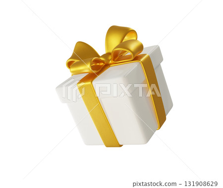 3D rendering White gift box with a Gold Bow. A stylized icon perfect for holiday, birthday, or Christmas. Ideal for greeting cards and promotional materials. 131908629