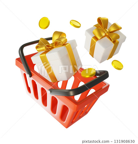 Red Supermarket Shopping Basket, White Gift Boxes with a Golden Bow and flying Gold Coins. 3d render. 3D Icon for Christmas, Greeting cards and promotional materials on a transparent background 131908630