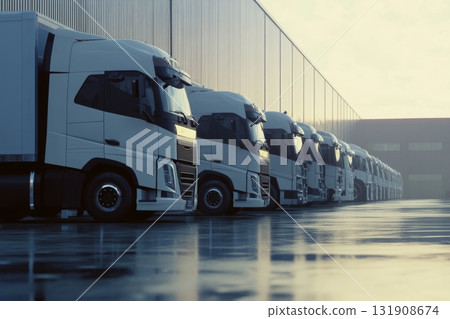 White trucks parked at a bustling logistics hub area in a row. Lineup of several trucks in the truck parking fully prepared, ready for deliveries. Van transportation truck park. Warehouse distribution White trucks parked at a bustling logistics hub area in a row. Lineup of several trucks in the truck parking fully prepared, ready for deliveries. Van transportation truck park. Warehouse distribution 131908674