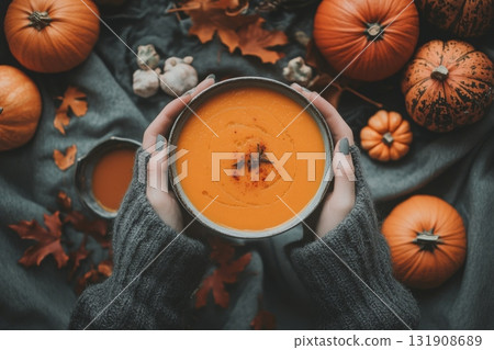 Thanksgiving meal. Delicious Warm Pumpkin Soup by Beautiful Seasonal Decor and Flavorful Spices. Woman hands in sweater serving Cozy bowl of rich Creamy pumpkin soup. Enjoying fall. Top view, flat lay Thanksgiving meal. Delicious Warm Pumpkin Soup by Beautiful Seasonal Decor and Flavorful Spices. Woman hands in sweater serving Cozy bowl of rich Creamy pumpkin soup. Enjoying fall. Top view, flat lay 131908689