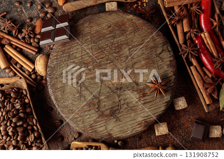 Various spices and seasonings for making aromatic coffee-based drinks. 131908752