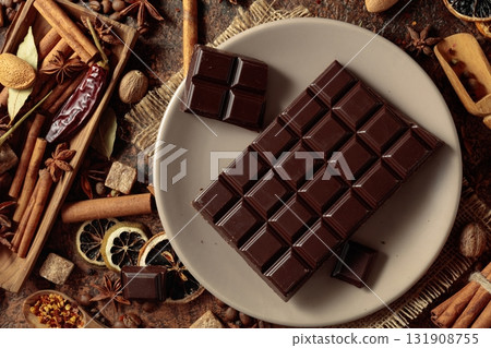 Black chocolate and various spices and seasonings for making aromatic drinks. 131908755