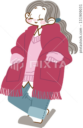 圖：一位放鬆的女孩，肩上披著一條紅色圍巾 131909031