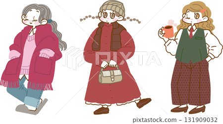 三個女孩的秋冬時尚插畫 三個女孩的秋冬時尚插畫 131909032