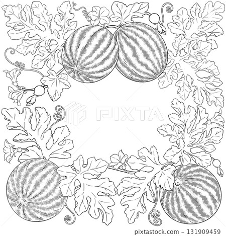Watermelon Plant with Fruits Outline Frame. 131909459