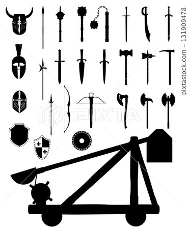 ancient weapons icons black silhouette cartoon stock vector illustration 131909478
