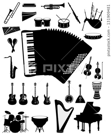 musical instruments set icons black silhouette cartoon stock vector illustration 131909481