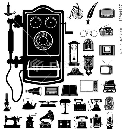 much objects items retro old vintage icons black silhouette cartoon stock vector illustration much objects items retro old vintage icons black silhouette cartoon stock vector illustration 131909497