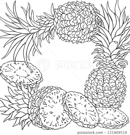 Pineapple Fruits with Leaves Outline Frame. Pineapple Fruits with Leaves Outline Frame. 131909519