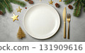 Gray empty dinner plate on Elegant Festive Table Setting. Beautiful Holiday Decor for Celebrations. Chic plate arrangement adorned a gold accents and winter decoration. Top view, flat lay, copy space 131909616