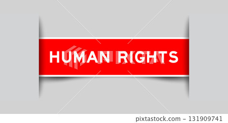 Red color square shape sticker label with word human rights inserted in gray background 131909741