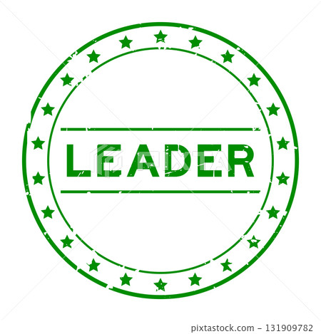 Grunge green leader word round rubber seal stamp on white background 131909782