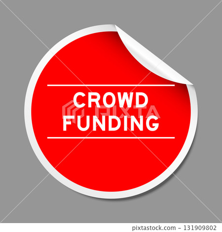 Red color peel sticker label with word crowd funding on gray background 131909802