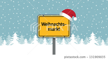 place sign with german word christmas market in snowy winter landscape vector illustration 131909835