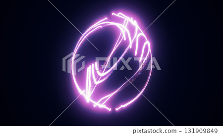 Abstract pink luminous trails forming energetic twisting shapes on a dark glowing background 131909849