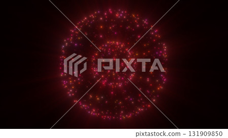 A red glowing cosmic sphere with colorful particles radiating energy, creating an intense and vibrant light display 131909850