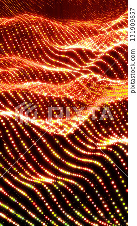Glowing wave pattern of orange and yellow particles forming abstract digital energy background Glowing wave pattern of orange and yellow particles forming abstract digital energy background 131909857