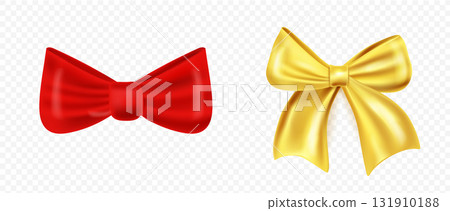 Vector illustration of glossy satin red and gold bows. Perfect for festive gift wrapping, Christmas and New Year decoration, elegant holiday design and celebration graphi 131910188