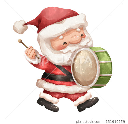 Watercolor cartoon illustration of santa claus playing a large green marching drum in christmas festive . Hand drawn digital painting . Transparency background . 131910259