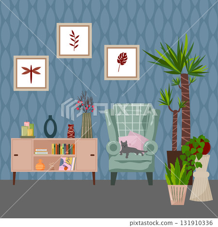 Living room interior. A cat sleeps in a large armchair. Houseplants and paintings hang on the wall. Cozy interior elements include a vase of flowers, figurines, candles, and books. Interior design for 131910336