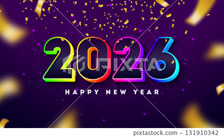 2026 Happy New Year Greeting Card Illustration with Colorful 3D Number and Falling Confetti on Shiny Purple Background. Christmas Holiday Celebration Design with Typography Lettering for Calendar 131910342