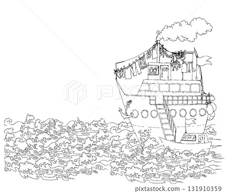 Pencil drawing. The gangway is lowered from the ship onto the boat. 131910359
