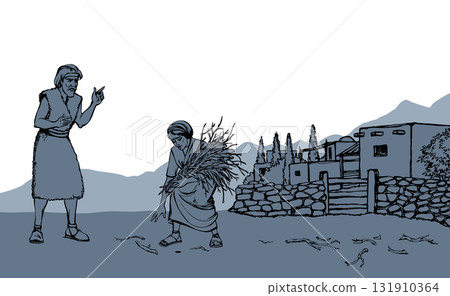 Vector drawing. Woman collecting firewood 131910364