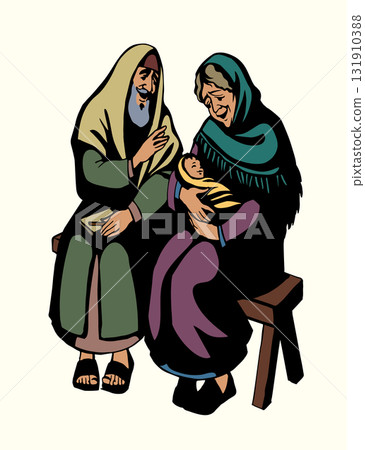 Vector drawing. Mother and father with a baby 131910388