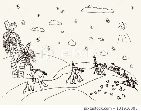 Camel caravan travels. Vector drawing 131910395