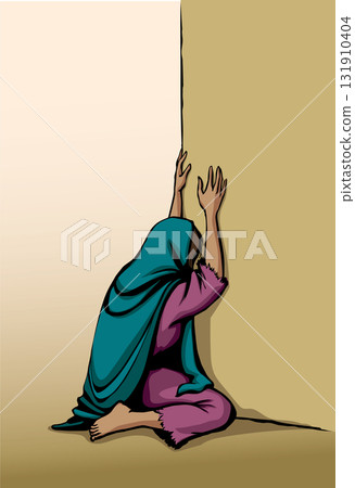 Vector drawing. Woman crying at the wall 131910404