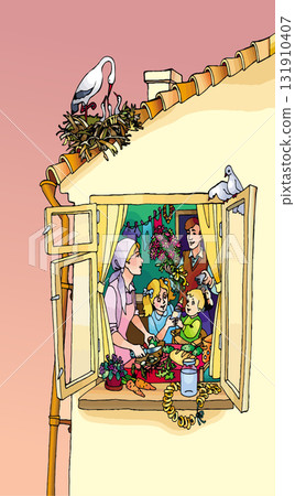 Vector drawing. Happy family at home 131910407
