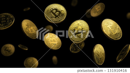 Golden Cryptocurrency Coins Floating Confidently Against a Dark Background Atmosphere 131910416