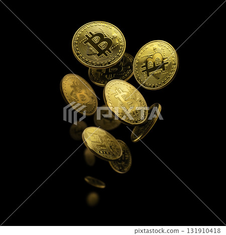 Golden Cryptocurrency Coins Floating Confidently Against a Dark Background Atmosphere 131910418