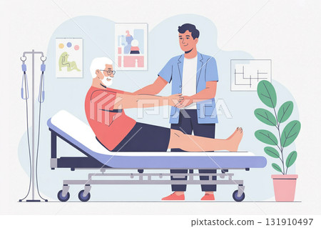 Illustration of elderly people and physical therapists doing rehabilitation 131910497