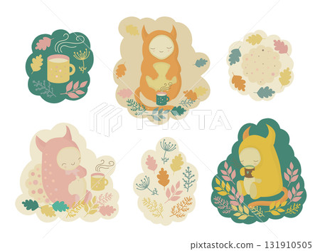 Stickers with cute kind monsters, cups of tea and cookies Stickers with cute kind monsters, cups of tea and cookies 131910505