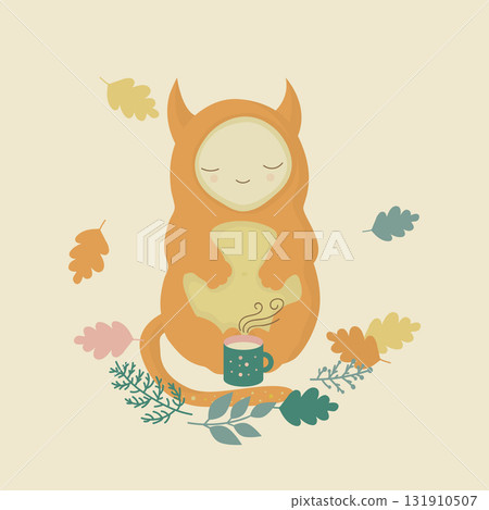 Illustration of a cute monster in the autumn forest, cozy picnic, tea party 131910507
