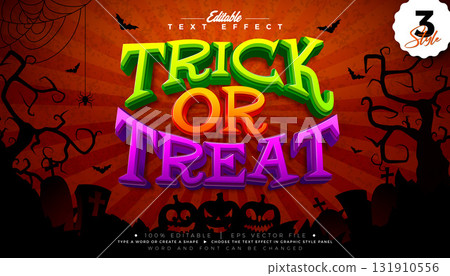 Trick or Treat Halloween Text Effect Illustration Editable Graphic Style with Orange, Green and Purple Typography Lettering on Scary Cemetery Background. Scalable Vector Autumn Holiday Design Template 131910556